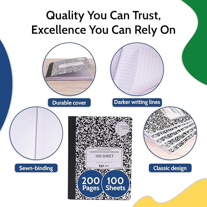 2016 Pack (Pallet) EPI College Ruled Composition Notebook Bulk, 200 pages (100 Sheets), 9-3/4 x 7-1/2, Black Marble, Bulk School Supplies, Heavy Duty, Durable Office Notebooks, Sturdy Sewn Binding