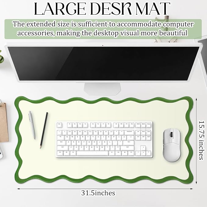 Hahafelt Scalloped Desk Mat Waterproof,Green,23.6 X 13.8 Inches | Coquette Preppy Style for School Office Makeup Vanity, Nonslip Gaming Desktop Protector with Scalloped Stitched Edge Mat