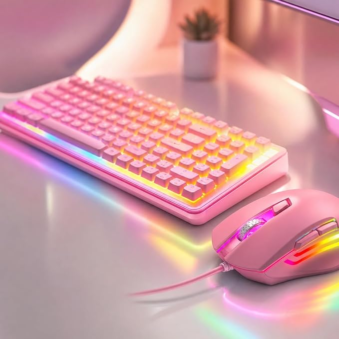 Wired RGB Keyboard and Mouse Combo, Rainbow Backlit, 104-Key Full-Size with Numpad, 6400 DPI Ergonomic High-Precision Mouse, USB Plug & Play, for PC Laptop Mac Windows Mac Office Gaming (Pink)
