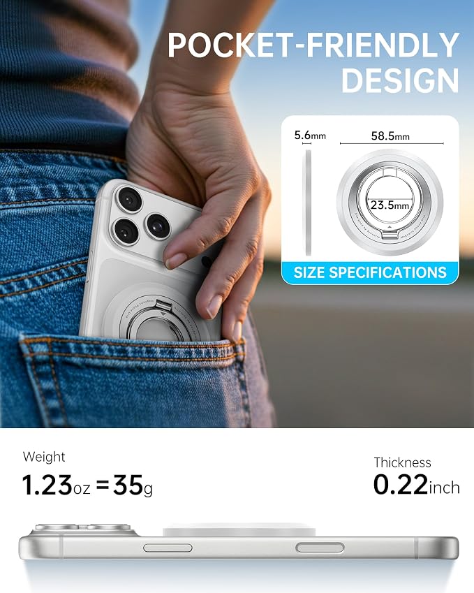 SYNCWIRE Magnetic Phone Ring Holder, for MagSafe Phone Grip Stand Kickstand | 360° Rotation, Double-Sided Magnet, Cell Phone Grip Finger Holder, for iPhone 17 16 15 14 13 12 Pro Max, MagSafe Accessories