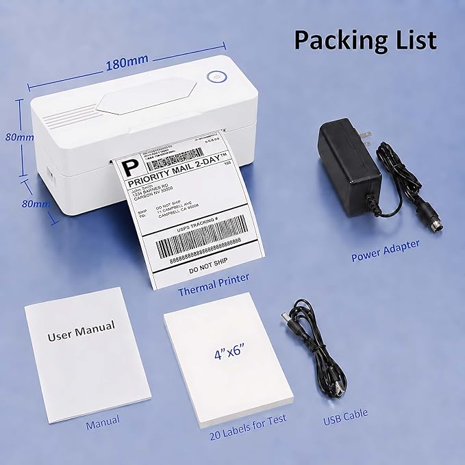 Mvgges Bluetooth Thermal Shipping Label Printer, 4x6, White | Wireless, For Small Business, Compatible with Android, iPhone, Windows & Mac