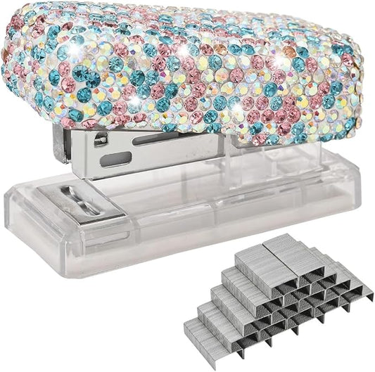 Bling Rhinestone Stapler, Sparkly Diamond Staplers, Cute Desk Stapler for Women & Girls, Bling Crystal Machine Pretty Office Stationery Kit (Blue with AB Color Plated, Small)