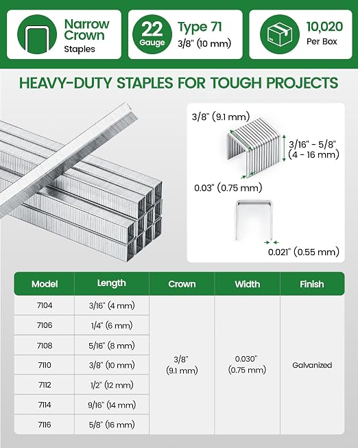 meite 22 Gauge 71 Series 3/8" Crown Wide 3/8" Leg Length Galvanized Staples for Upholstery Stapler 10,020 PCS/Box (5 Boxes)