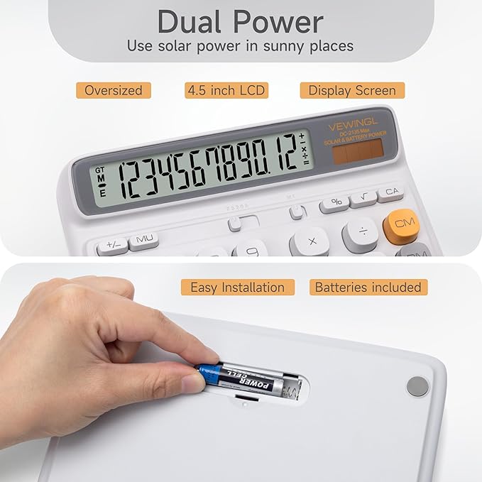 VEWINGL Desktop Calculator with Large LCD Display, 12-Digit Dual Power Solar & Battery Office Calculator with Big Buttons for Business, Accounting & Home Use (Gray, L)