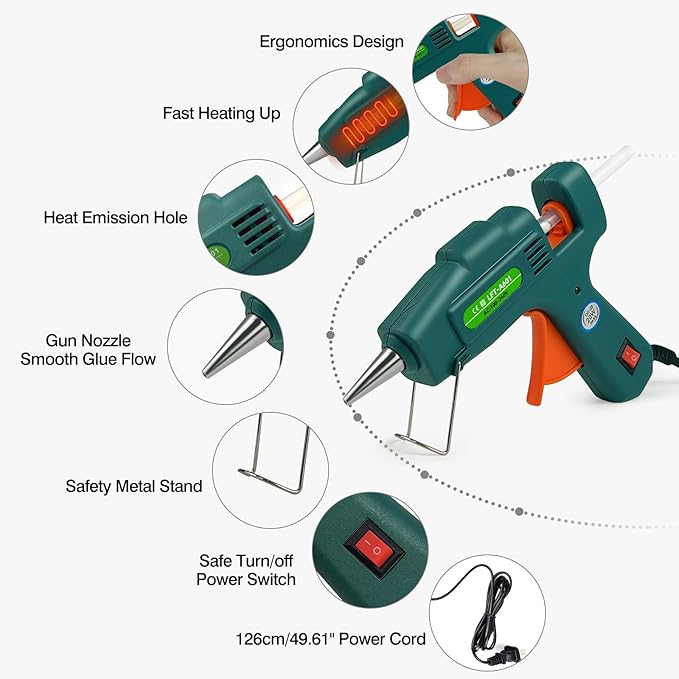 Hot Glue Gun with 30 Glue Sticks, Fast Preheating Hot Melt Gun, Mini Glue Gun Kit for Kids DIY School Craft Projects and Quick Home Repairs, 20W Green