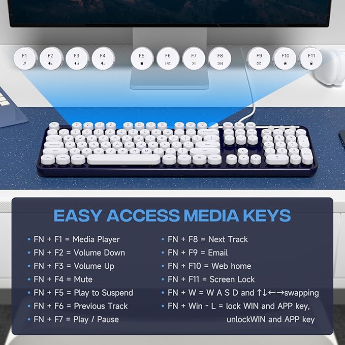 Computer Keyboard Wired, Plug and Play USB Retro Round Typewriter Keyboard, Full Size Wired Keyboard with Foldable Stands for Laptop and Office PC