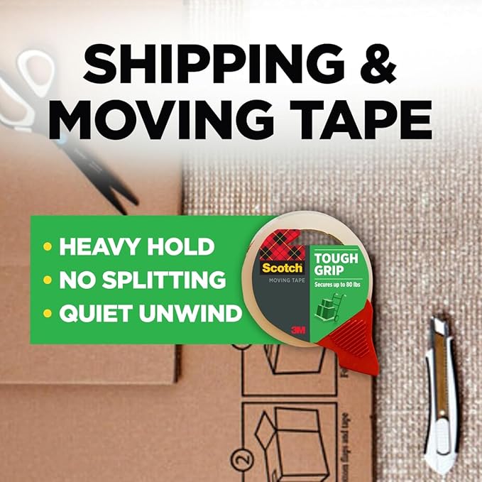 Scotch Tough Grip Moving Packing Tape, Clear, Moving Tape That Secures Boxes up to 80 Pounds, 1.88 in. x 54.6 yd., 2 Rolls with 1 Dispenser
