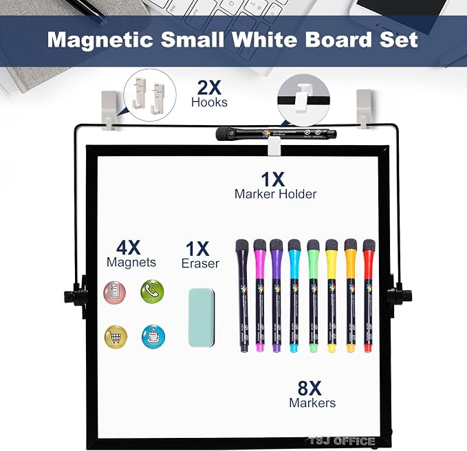 Small White Board - 10 X 10 Inches Black Framed Dry Erase Board | Magnetic Desktop Whiteboard Stand 360 Degrees Revolving Double Sided for Office, Home, School, with Hooks for Wall