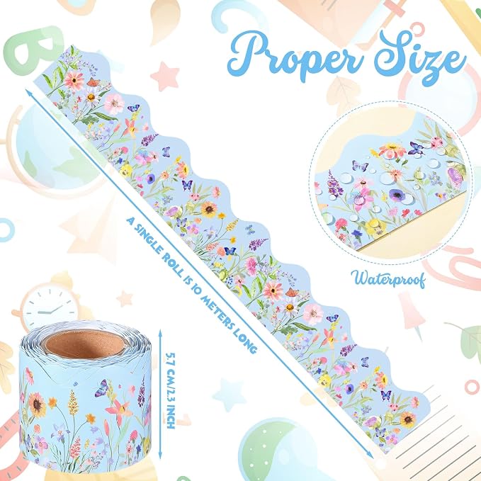 32.8 Ft Blue Wildflower Bulletin Board Borders Scalloped Trim | Pastel Floral for Classroom Decor, Fiesta Party Trim, Summer Office Walls, Scalloped Edge for Display Boards