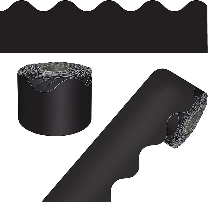 Carson Dellosa Education 65Ft of Black Bulletin Board Borders, 1 Roll of Scalloped Trim for Rolling Whiteboard, Cork and Posterboard, Party, Office Decorations, and Classroom Decor