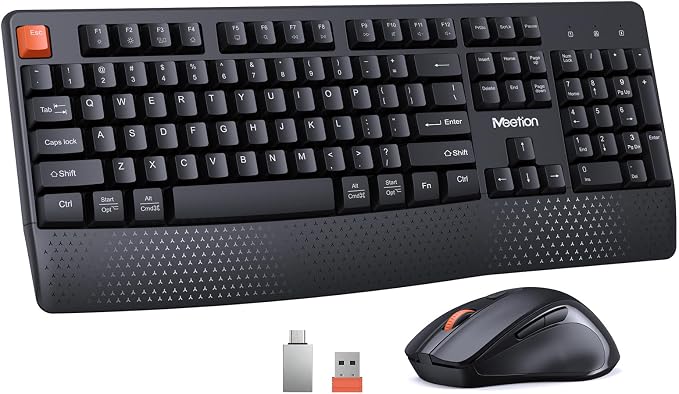 MEETION Wireless Keyboard and Mouse Combo, Full-Size with Wrist Rest Black | 2.4GHz USB receiver, 3 adjustable DPI mouse, comfortable typing, compatible with Windows, Mac, PCs and laptops