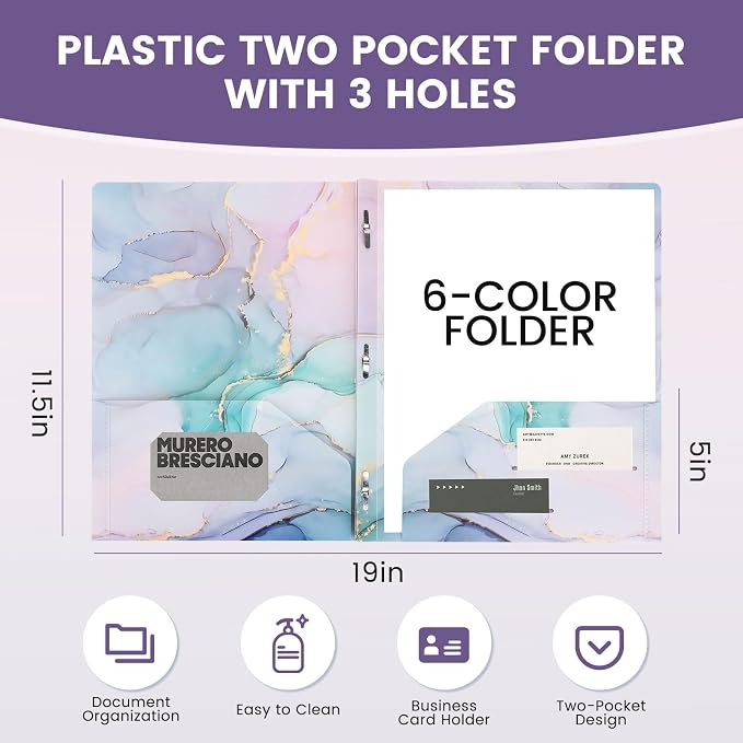 Ddaowanx Folders with 2 Pockets and 3 Prongs,12Pcs Cute Marble Style Folder | Heavy Duty Plastic Pocket Folders for Documents,Tear-Resistant Aesthetic File Folder,Back to School Supplies