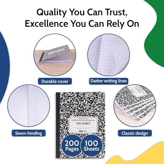 960 Pack (Pallet) EPI Wide Ruled Composition Notebook Bulk, 200 pages (100 Sheets), 9-3/4 x 7-1/2, Black Marble, Bulk School Supplies, Heavy Duty, Durable Office Notebooks, Sturdy Sewn Binding