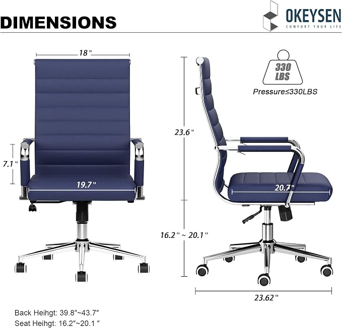 Okeysen Office Desk Chair, Ergonomic Leather Modern Conference Room Chairs, Executive Ribbed Height Adjustable Swivel Rolling Chair for Home Office Set of 2. (Blue)