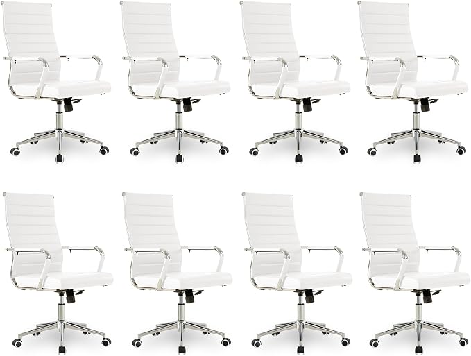 Okeysen Office Desk Chair, Ergonomic Leather Modern Conference Room Chairs, Executive Ribbed Height Adjustable Swivel Rolling Chair for Home Office Set of 8. (White)