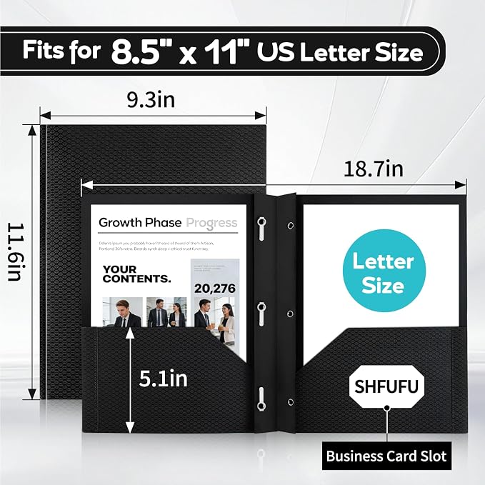 24 Pcs Textured Folders with Pockets and Prongs (Black),Fit Letter Size Paper,Business Card Slot,2-Pocket Folder for School Office or Home,Durable Acid-Free Poly,Back to School Supplies Bulk