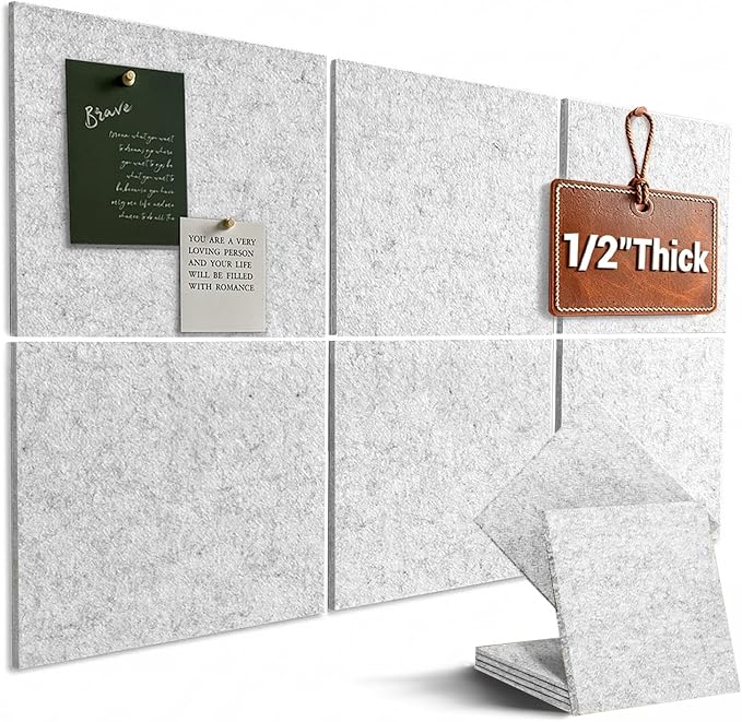 36" x 24" Large Felt Bulletin Board 1/2" Thick, Light Gray | 6 Pack Felt Tiles, Cork Board Alternative, 30 Adhesive Tabs, Pin Board for Home Office Decor with Easy Install