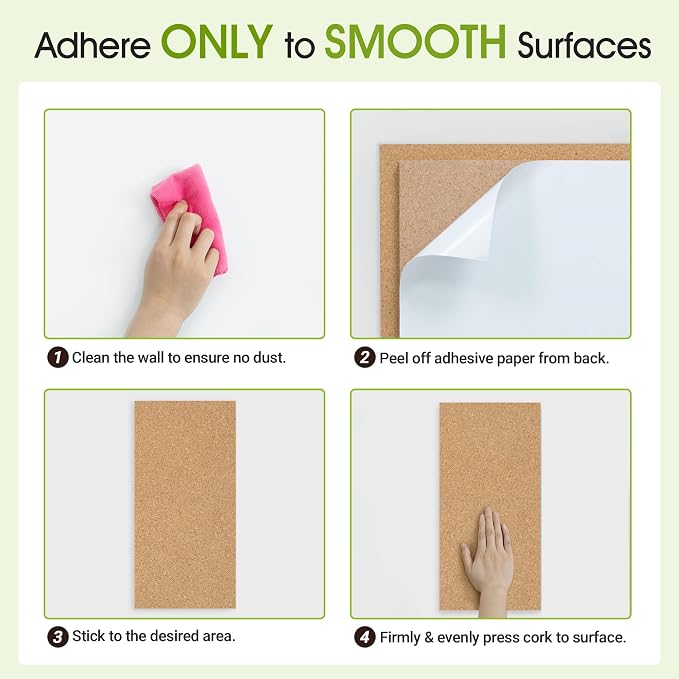 AKTOP Cork Board Bulletin Board 17"x8", 1/2" Thick Cork Board Tiles 10 Pack, Small Pin Board for Wall Decor, Self Adhesive Corkboards with 120 Push Pin Wood Clips for School, Home & Office