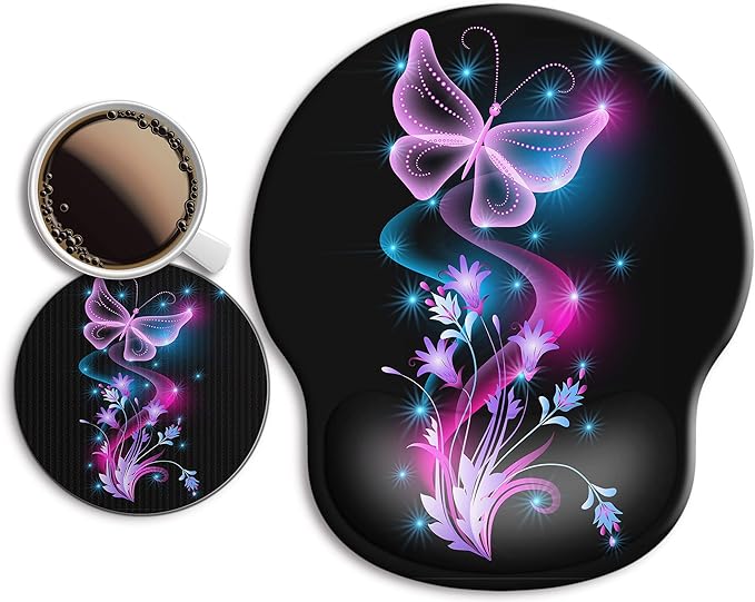 Ergonomic Mouse Pad with Wrist Support Rest,Large Mousepad Gel Wrist Rest, with Coaster Non-Slip & Pain Relief for Computer, Desk, Home&Office-Purple Butterflies