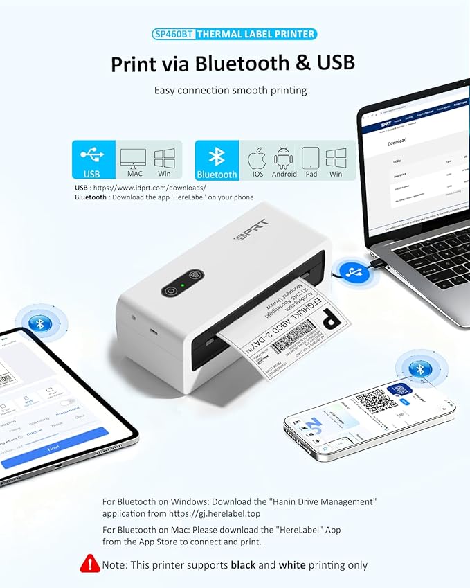 Bluetooth Thermal Shipping Label Printer, 4x6 Wireless High-Speed Label Printers for Small Business, Compatible with Android, iPhone, Windows & Mac, Widely Used for Tiktok, Shopify, USPS, SP460BT