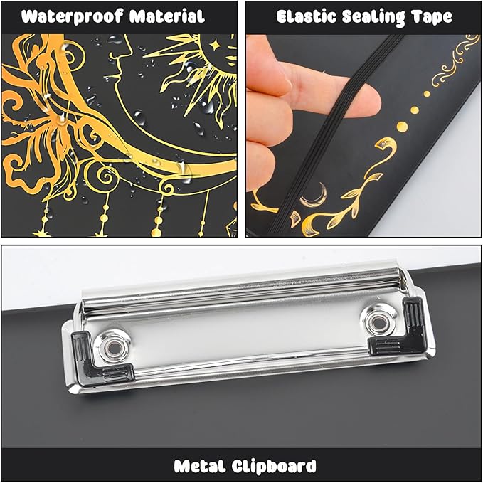 3 Ring Binder 1 Inch Three Ring Binder Cute Binder Fits A4 Paper Decorative Clipboard Binder with 5 Tab Dividers for School Office Supplies(Black Gold Sun Moon)