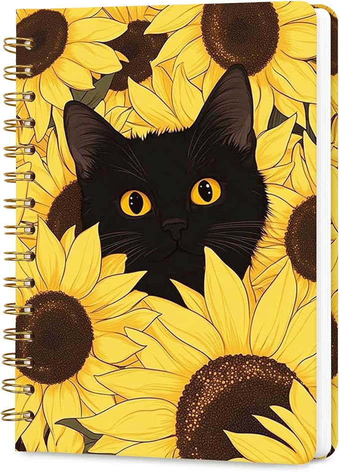 Lined Spiral Journal Notebook for Work A5, 160 Pages, Sunflower Cat | College Ruled Spiral Journal for Women, Hardcover with Elegant Design for Note-Taking, 5.5 * 8.25 inch