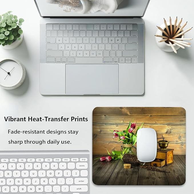 Vintage Coffee Beans Grinder with Pink Tulips Mouse Pad, Cute Desk Mat | Rustic Farmhouse Kitchen Design, Mousepad Stitched, Anti-Slip Base Smooth Surface, 9.5 x 7.9 Inches