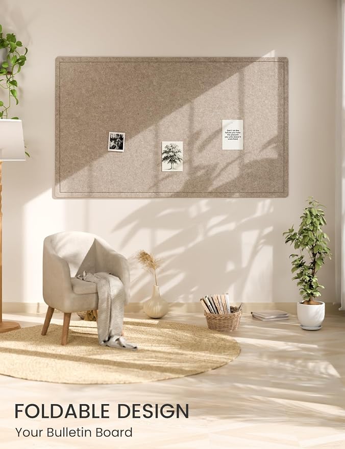 Fluxynara 59" x 35.4" Large Bulletin Board, Taupe | Cork Board Alternative with 24 Removable Adhesive Tabs, Foldable Felt Pin Board for Home, Office, Classroom & Dorm
