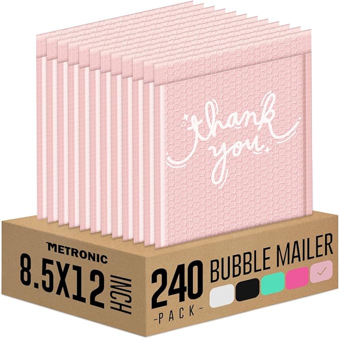 Metronic Bubble Mailers 8.5x12 Inch 240 Pack Usable Size 8.5x11'' Thank You Pink Bubble Mailer Waterproof Padded Envelopes for Gift Packaging, Mailing, Makeup, Small Items Bulk