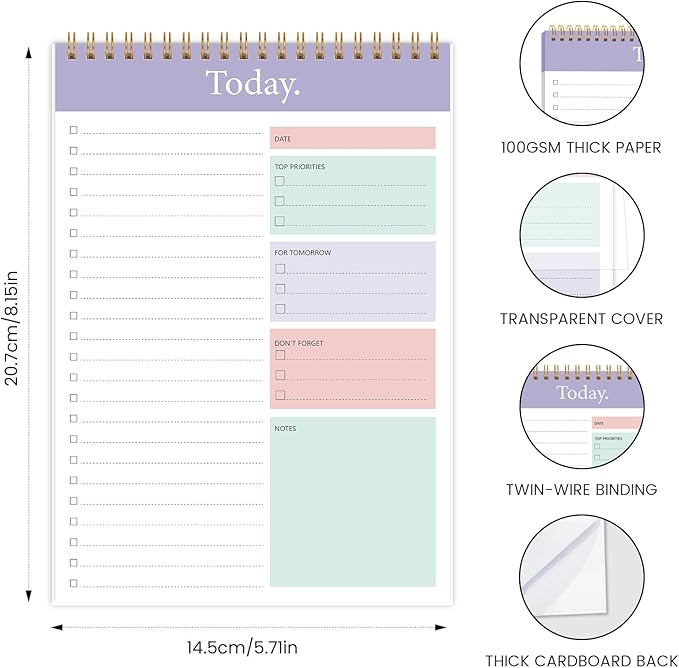 KMQOY To Do List Notepad - 3 Pack Daily Planner Pad Undated 52 Sheets Spiral Today Planner Note Pad Premium Thick Paper 6.5" x 9.8" For Work and Personal Organized(Purple)