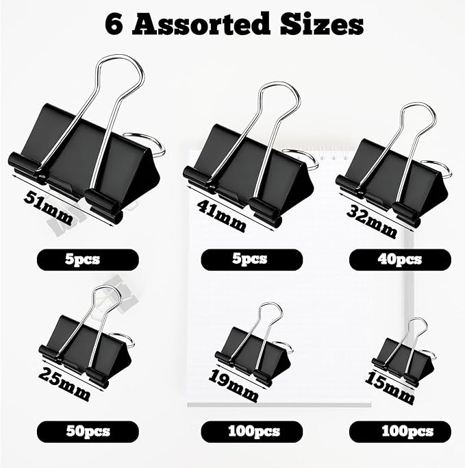 300 Pcs Binder Clips Assorted Sizes, 6 Sizes Jumbo, Large, Medium, Small, Mini and Micro, Metal Paper Clamps, Bulk Black Metal Binding Med Clips Office Supplies for Teachers Business