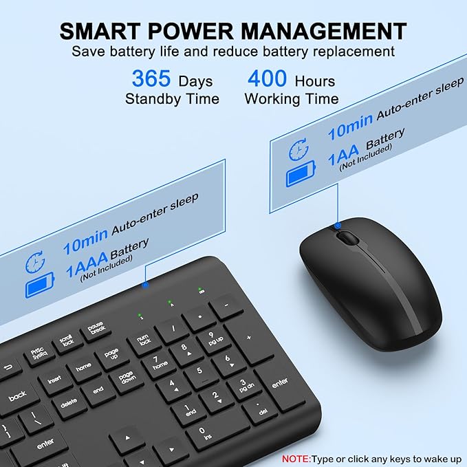 Wireless Keyboard and Mouse Combo, Full-Size Silent Ergonomic Keyboard and Optical Mouse, Long Battery Life, 2.4G Lag-Free Cordless Mice Keyboard for Windows Mac Laptop, PC-8 Packs