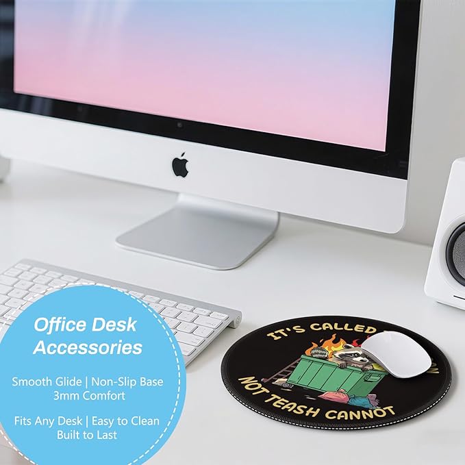 Gctriki Trash Raccoon Mouse Pad - 8.6 Inch Round Non-Slip Office Desk Mat, Cute Humorous Gift for Coworkers Boss, Premium Stitched Washable Mousepad for Computer Laptop Funny Office Desk Accessories