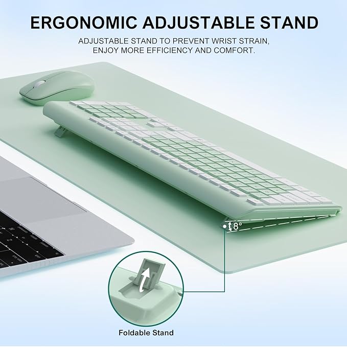 Wireless Keyboard and Mouse Combo, Full-Size Silent Ergonomic Keyboard and Optical Mouse, Long Battery Life, 2.4G Lag-Free Mice Keyboard for Computer,Mac,Laptop,PC,Windows(Avocado Green)