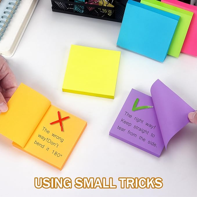 Winner Aura 3x3 Inch Bright Colors Self-Stick Sticky Notes, 6 Pack, 100 Sheets per Pad, Total 600 Sheets