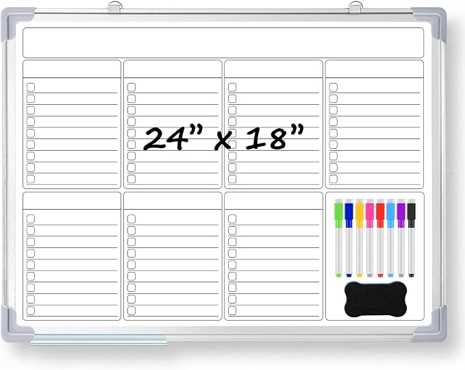 18" x 24" Magnetic to Do List Whiteboard, Weekly Planner, White | Large Weekly Dry Erase Board, Double-side Wall Whiteboard Calendar for Planning Drawing Memo, School Home Kitchen Office