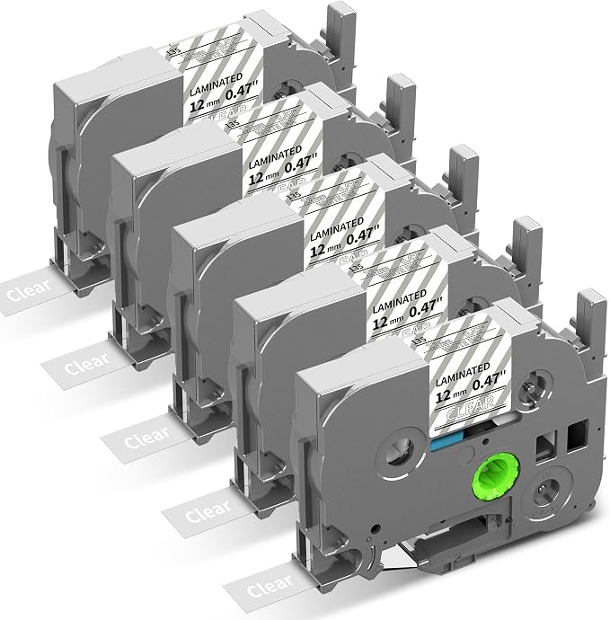TZe TZ Tape 12mm 0.47 Laminated White on Clear TZe-135 Label Tape | Replace for Brother Label Maker Tape Clear TZe135 TZ135 for Brother P-Touch PT-D210 PT-D220 PT-H110 PT-D400 PT-D600, 5-Pack