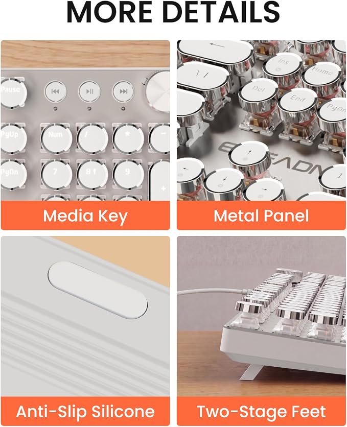 EWEADN Wired Typewriter Mechanical Keyboard, Quiet White Linear Switches Retro Punk Style with Media Knob, Elegant Backlit Metal Panel, 104-Key Round Keycaps Cute Keyboard for Windows PC - Pure White