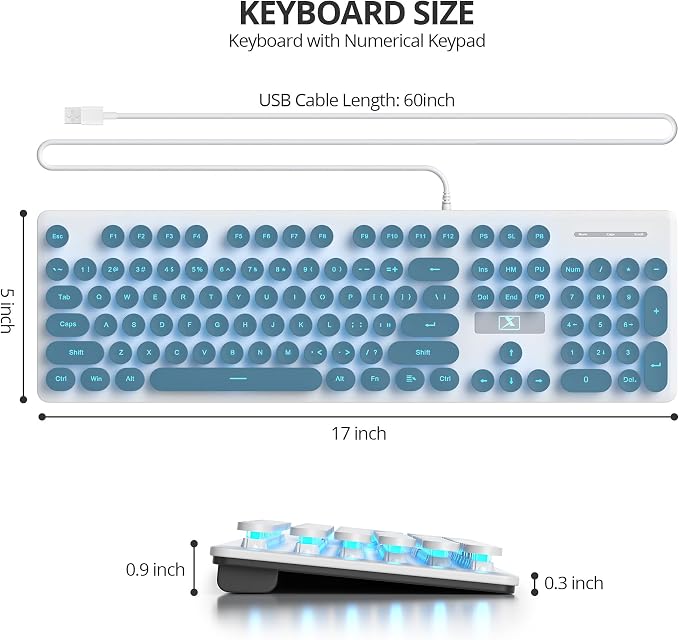surmen Cute Quiet Keyboard Blue Wired Typewriter Keyboard, Light Up Backlit PC Keyboards with Retro Round Keys Full Size 104 Keys for Office Computer (Blue)