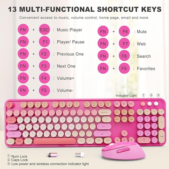 SkyGive Wireless Keyboard and Mouse Combo, Ergonomic Full Size Typewriter Retro Round Keycaps Keyboard, Compatible with Windows, PC, Perfer for Home and Office Keyboards （Red）