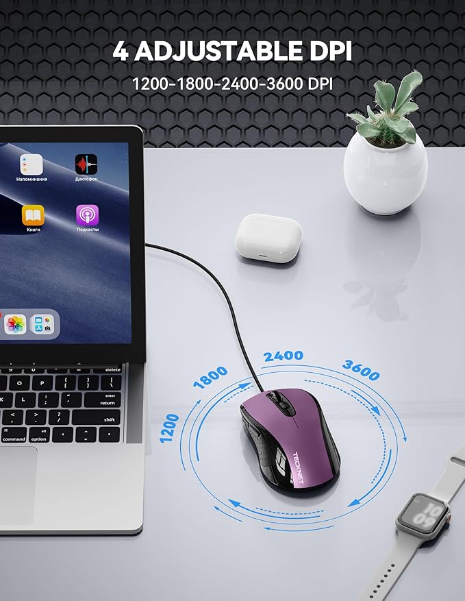 TECKNET USB Wired Mouse, 3600DPI Corded Computer Mouse with 4 Adjustable Levels, 6-Button 5FT Cord Ergonomic Mice, Home and Office Mice for Laptop PC Desktop Notebook - Purple