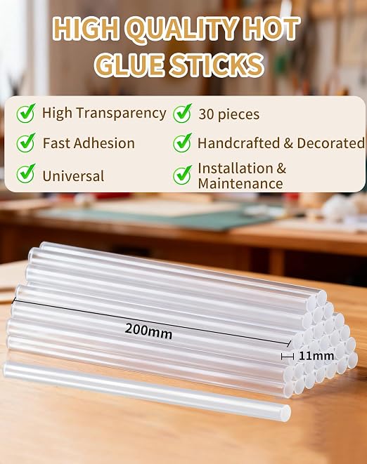 Full Size Hot Glue Sticks(30 Pcs),7.9" x 0.43" Clear Glue Gun Sticks | Perfect for Full Size Hot Glue Gun,Easily Create and Bond Crafts on Wood,Plastic,Glass,Flowers,Fabrics,Foam,Jewellery
