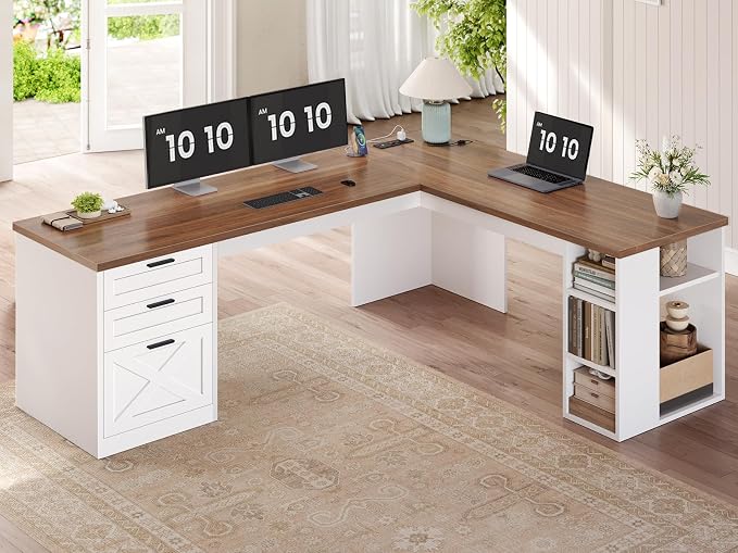 SEDETA 67" Farmhouse Executive L Shaped Desk with 3 Drawers | Executive Home Office Desks with Storage Shelves, Corner Computer Desk with Power Outlets for Home Office,White and Brown
