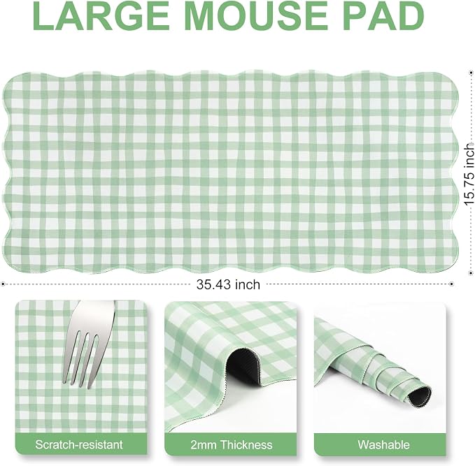 L-SPOUTTO Green Checkered Mouse Pad,Cottagecore Scalloped Desk Mat XXL Large Cute Pastel Gaming Mousepad,35.4x15.7in Non-Slip Keyboard Pad Waterproof Desktop Mat for Laptop Computer Game Home Office