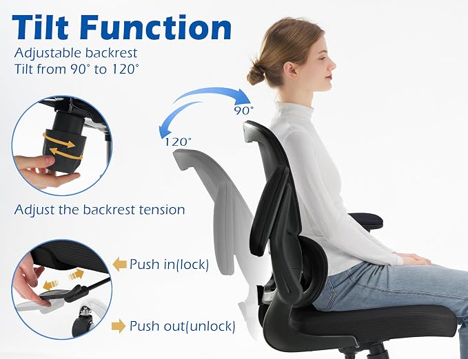 TRALT Ergonomic Office Chair Desk Chair with Adjustable Lumbar Support | Desk Chair Comfy with Flip-up Armrests Ergonomic Chair - Mesh Computer Chairs for Adults, 330lbs, PU Leather (Black, 4)