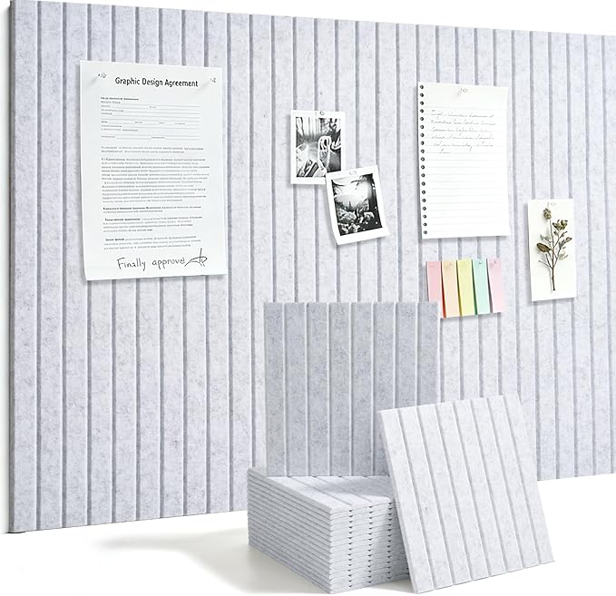 Large Felt Bulletin Board Cork Board Alternative with Safe Removable Adhesive Tabs, Wall Bulletin Board for Home Office Classroom Pin Board (Slivery Gray, Fine-Stripe 12-Pack)