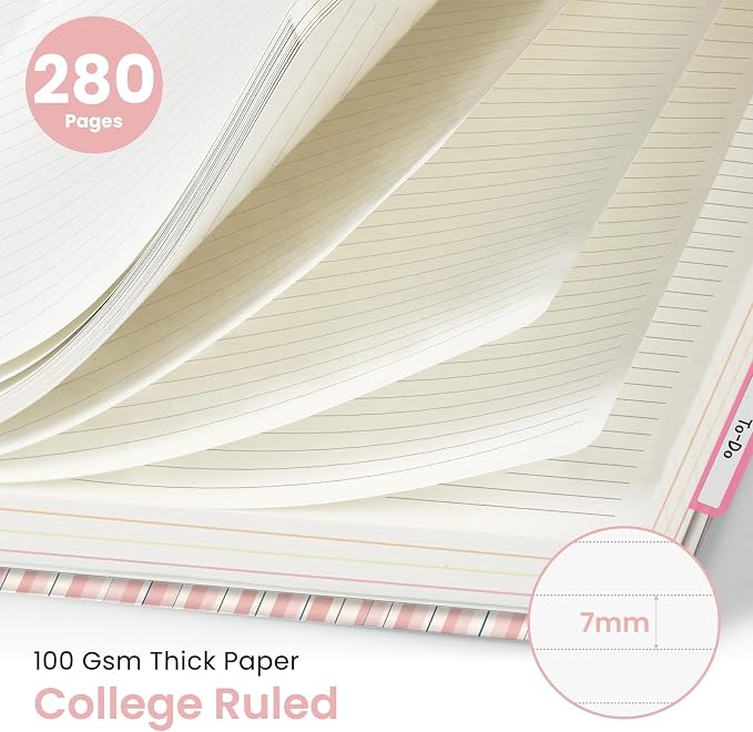 Large Spiral Notebooks for Work 5 Subject with Removable Dividers | 8.5" x 11" Pretty Hardcover Notebook Journal for Women, College Ruled, Perfect for Study & Office , 280 Pages, Rosette Bow