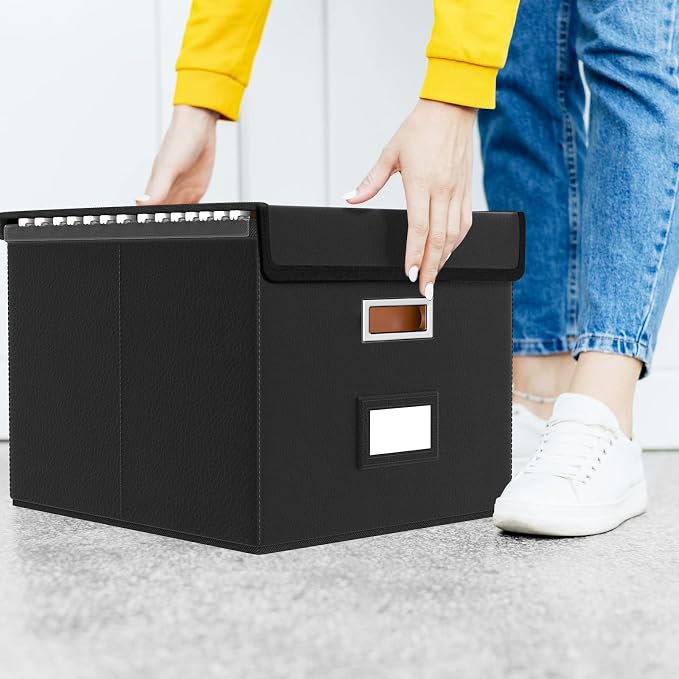 File Organizer Box with Lids, Collapsible File Folder Organizer | File Box with Plastic Slides for Document, Filing Bin for Letter Size Hanging File Folders (2 Pack, Black, Leather)