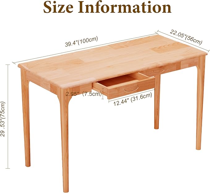 40" Solid Wood Desk with Drawers, Small Home Office Writing Wooden Desk, Gaming & Computer Desk for Bedroom, Work Study Table for Small Space(Beech,40Inch)