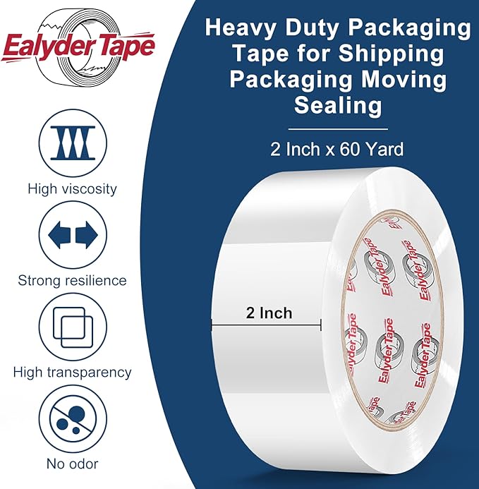 Transparent Packing Tape 2 inch x 60 Yards, 6 Rolls with Dispenser – Clear Heavy-Duty Parcel Tape for Secure Packaging, Total 360 Yards